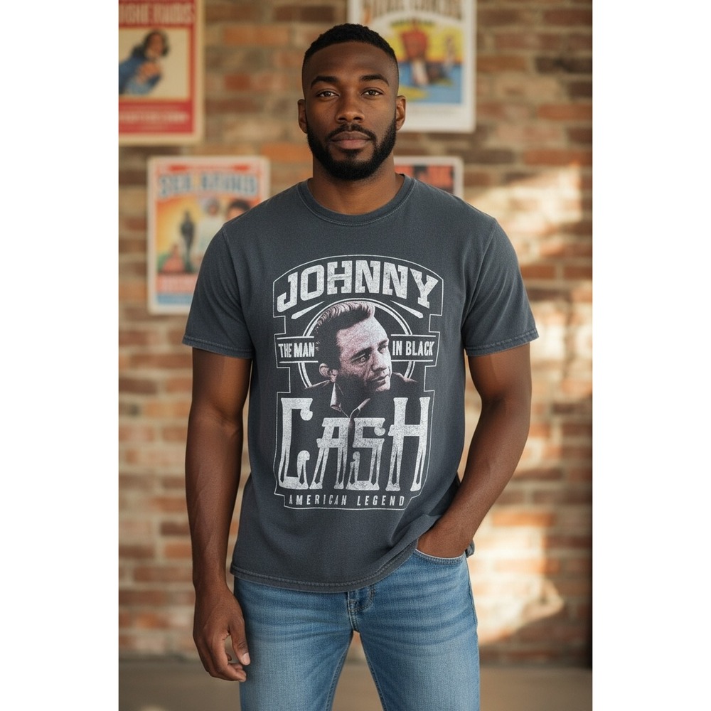 Johnny Cash The‎ Man in Black American Legend Graphic T Shirt Mens Charcoal VTG
